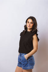 Ruffle Cap Sleeve Lace Top w/ Keyhole Closure