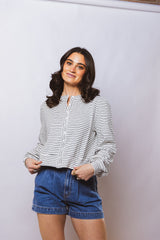 Striped Knit Button Front Blouson Top