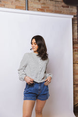 Striped Knit Button Front Blouson Top