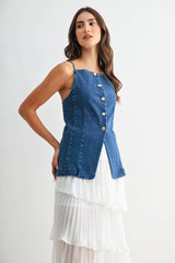 Denim Button-Down Sleeveless Top