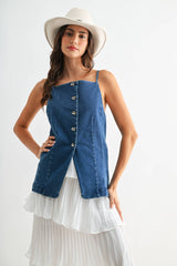 Denim Button-Down Sleeveless Top