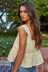 Woven Cotton Floral Embroidery Square Neck Top