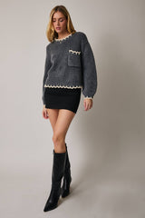 Round Neck Long Sleeve Stitch Detail Sweater