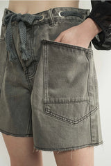 Vintage Washed Barrel Denim Shorts W/Grommet Waist