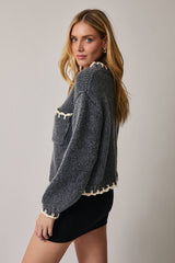 Round Neck Long Sleeve Stitch Detail Sweater