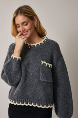 Round Neck Long Sleeve Stitch Detail Sweater