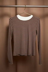 Brown Striped Ribbed Crew Neck Long Sleeve Top