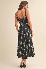 A Flower Printed Black Lace up Sleeveless Midi Dress