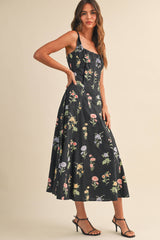 A Flower Printed Black Lace up Sleeveless Midi Dress