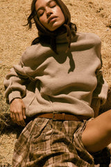 Solid Knit Exposed-Seam Funnel-Neck Sweater