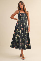 A Flower Printed Black Lace up Sleeveless Midi Dress