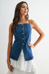 Denim Button-Down Sleeveless Top