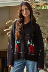 Knit Sweater Print Zip-up Collar Neck Long Sleeve