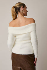Off Shoulder Long Sleeve Twister Detail Fuzzy Sweater Top