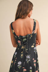 A Flower Printed Black Lace up Sleeveless Midi Dress